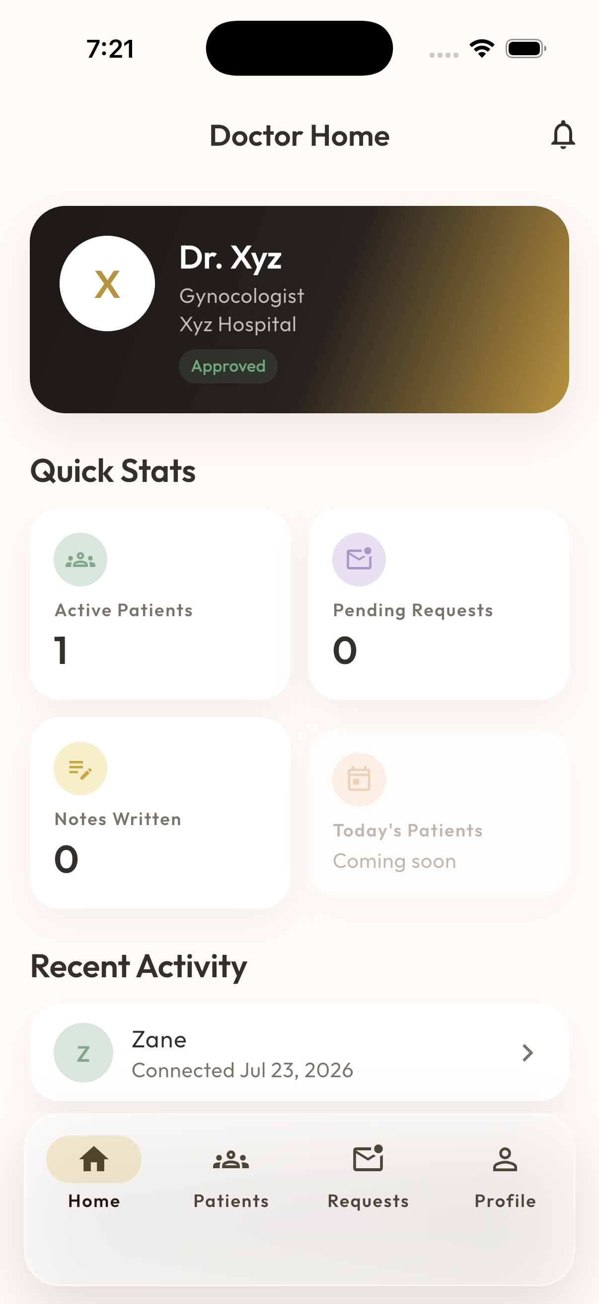 MaaSphere Doctor Home screen showing identity card and quick stats