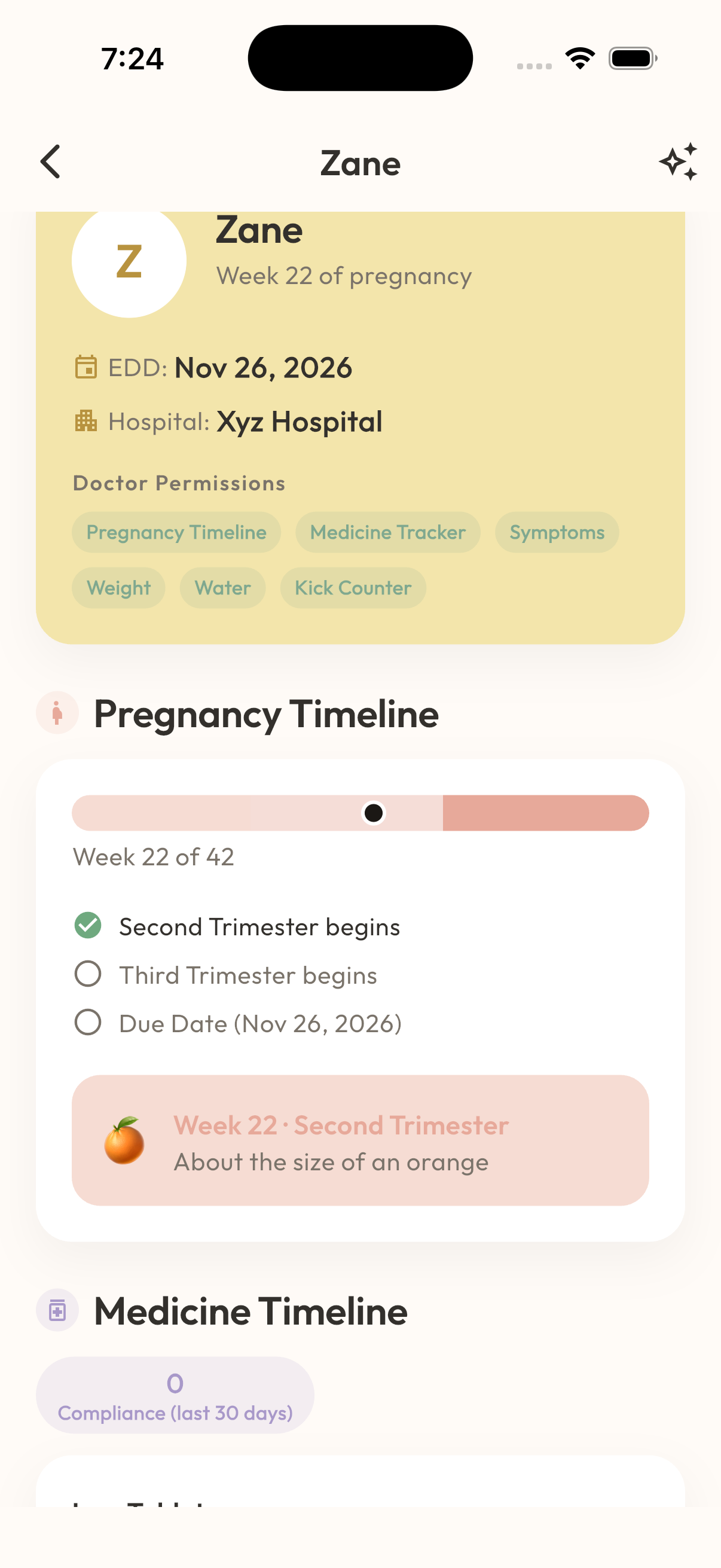 MaaSphere Patient Detail screen showing a sectioned pregnancy record