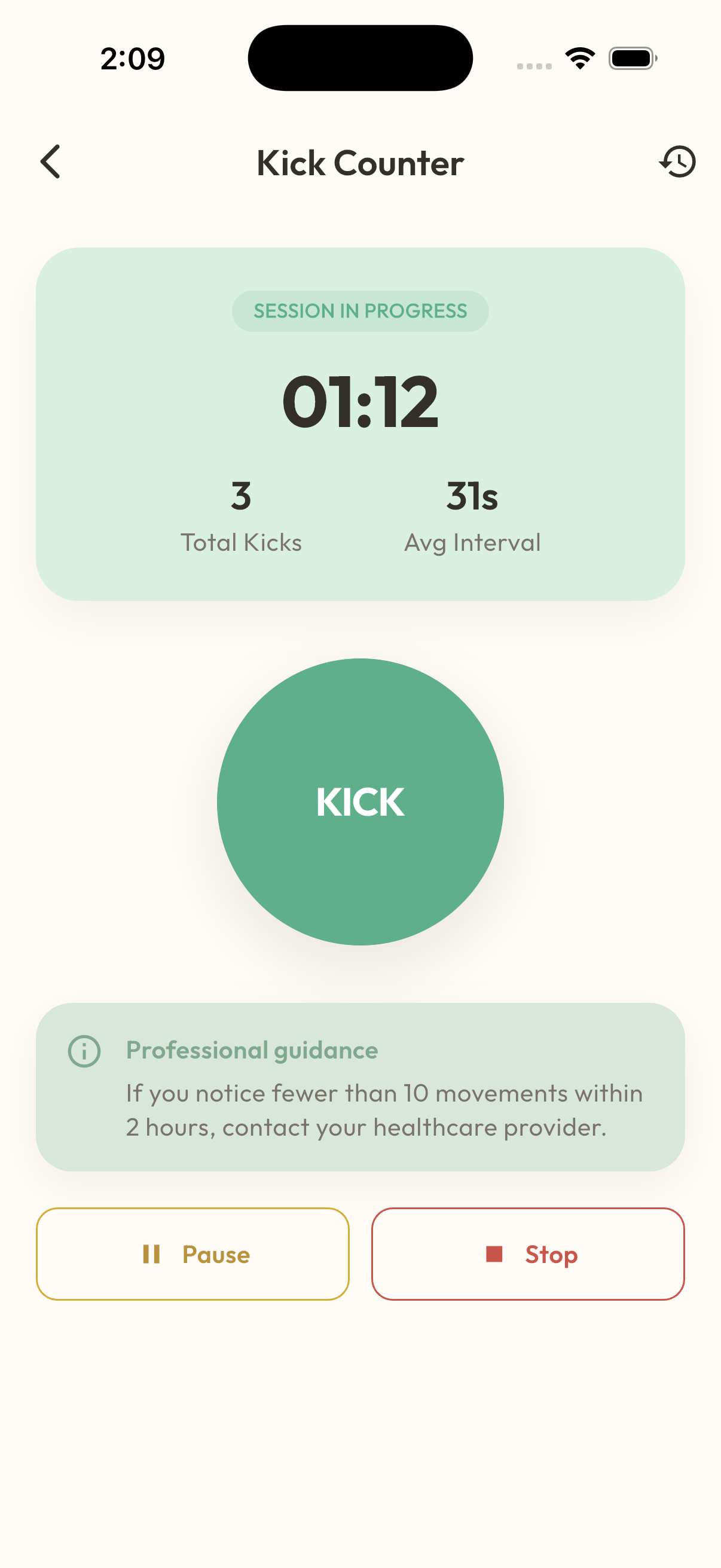 MaaSphere Kick Counter screen mid-session with a running total and timer