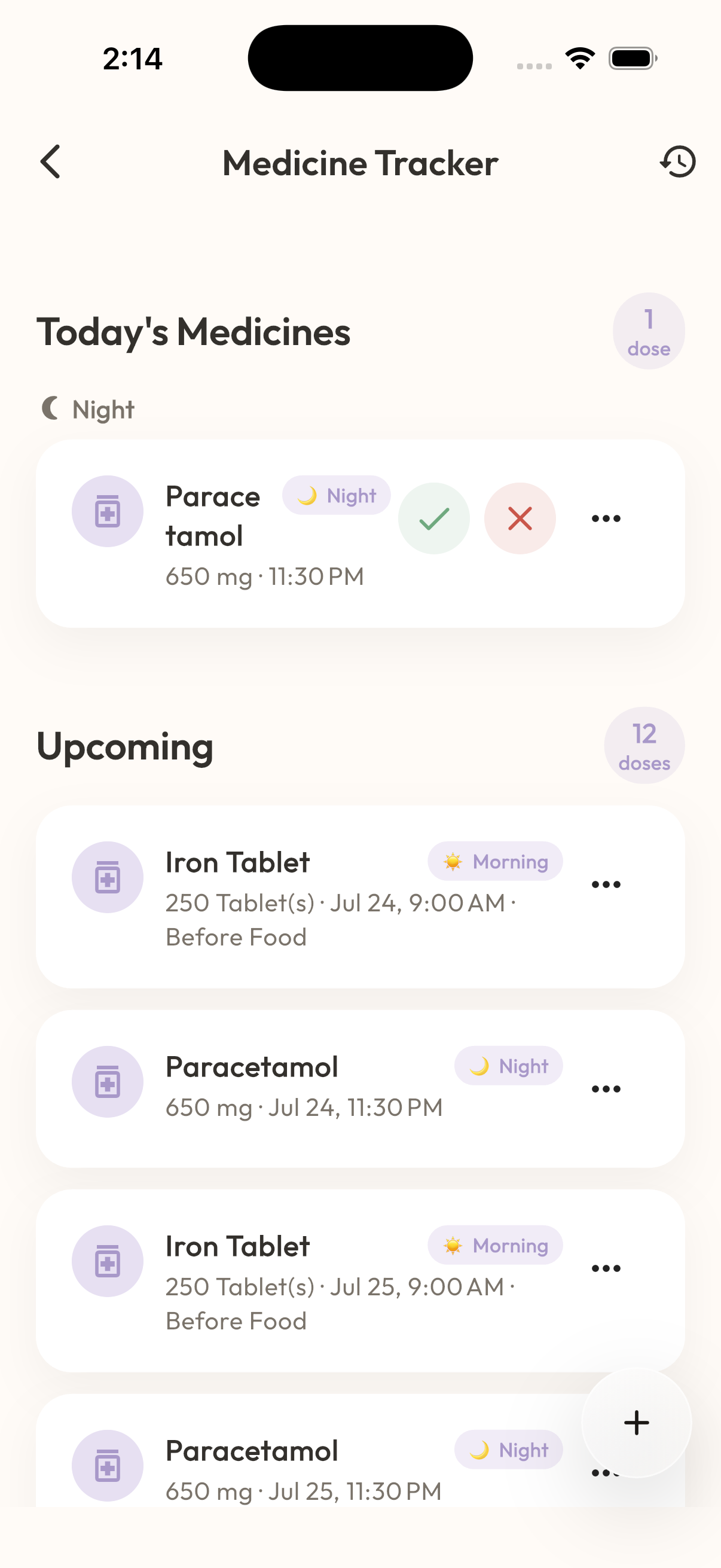 MaaSphere Medicine Tracker screen showing today's doses grouped by time of day with a progress ring