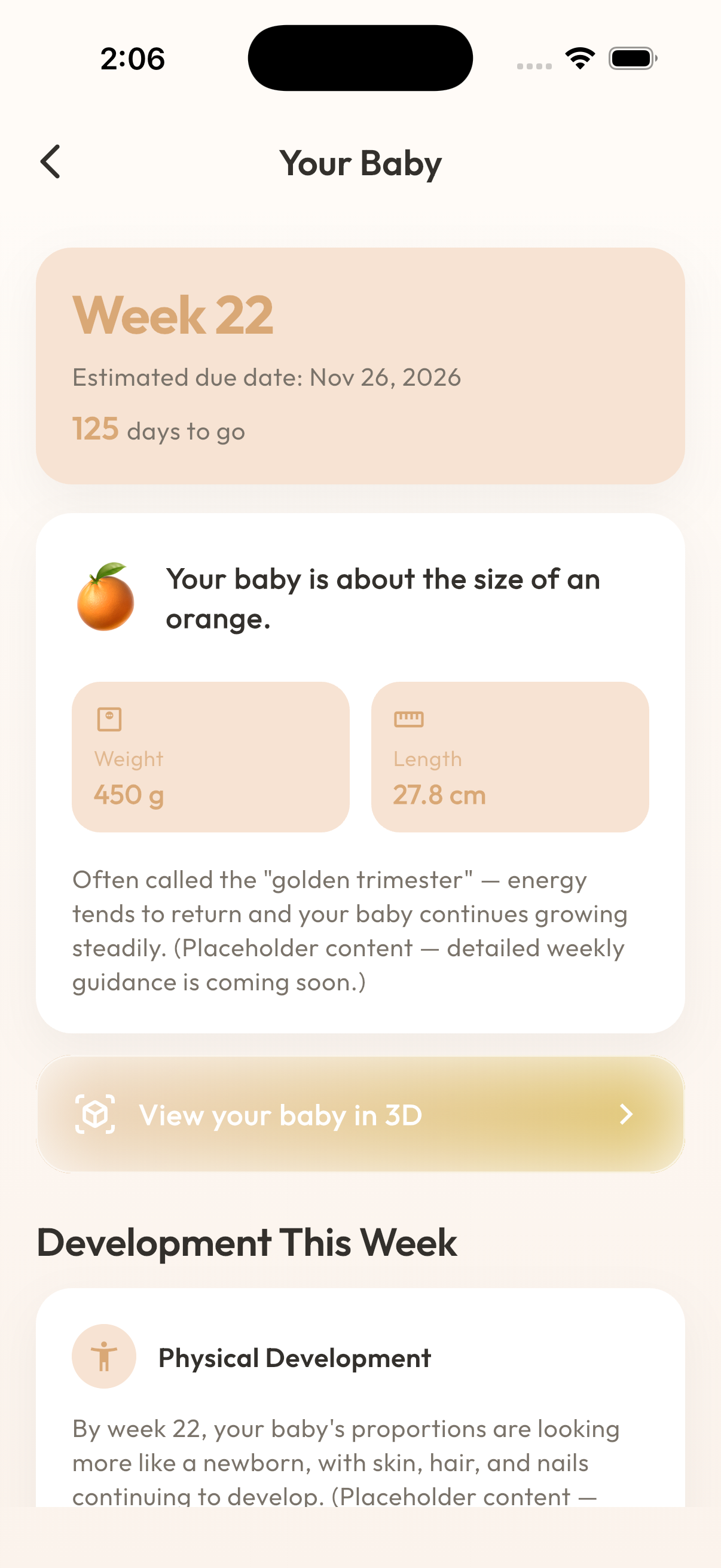 MaaSphere Timeline screen showing a week detail sheet with trimester, baby size, and tips